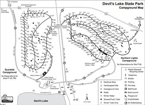 Quartzite & Northern Lights Campground map at Devil's Lake
